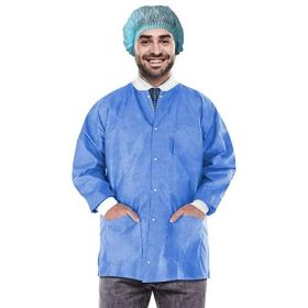 Disposable Lab Jackets 30 inch Long XX Large Size Pack of 10 Medical Blue Hip Length Work Gowns SMS 50 gsm Shirts with Snaps Front Knit Cuffs & Collar