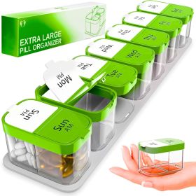 Extra Large Pill Organizer 2 Times A Day Green White Big Pill Box 7 Day Am Pm XL Weekly Vitamin Holder Jumbo Medicine Container for Supplement XXL Dai