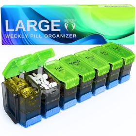 Extra Large Weekly Pill Organizer 2 Times a Day Green Blue XL Pill Case Am Pm Big Pill Box 7 Day Oversized Daily Vitamin Organizer Jumbo Supplement Di