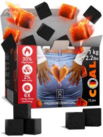 Premium Coconut Charcoal Cubes Coals XL Pack of 72 Count 1 KG 2.2 lbs Premium Quality 25mm 1x1x1 in 100% Natural Coconut Charcoal Cubes NOT Quick Ligh