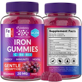 Grape Flavored Iron Gummies with B Vitamins 60 Vegan Non GMO Gluten Free